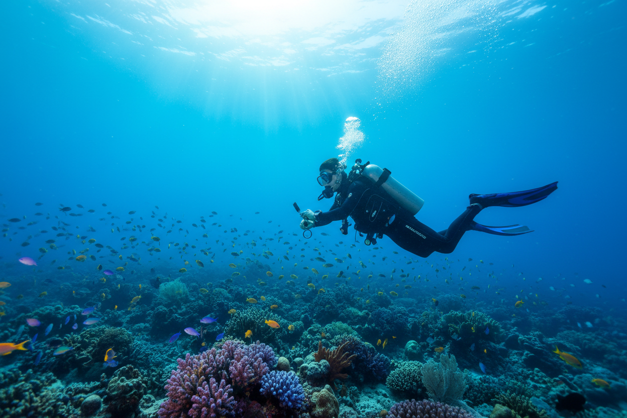 scuba diver doing navigation underwater