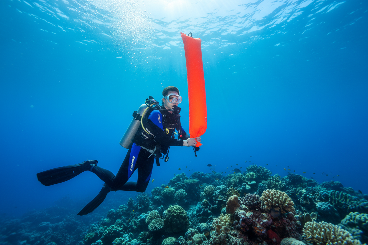 scuba diver with life bag