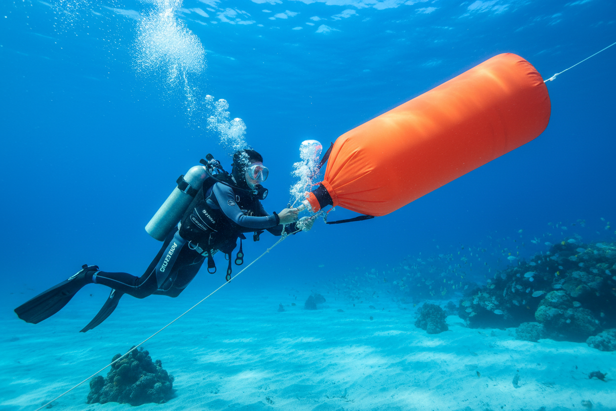 scuba diver with lift bag