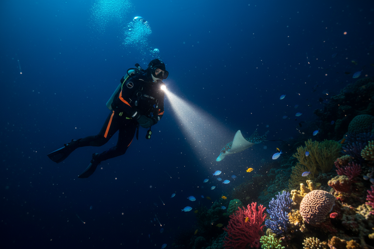 scuba diving at night
